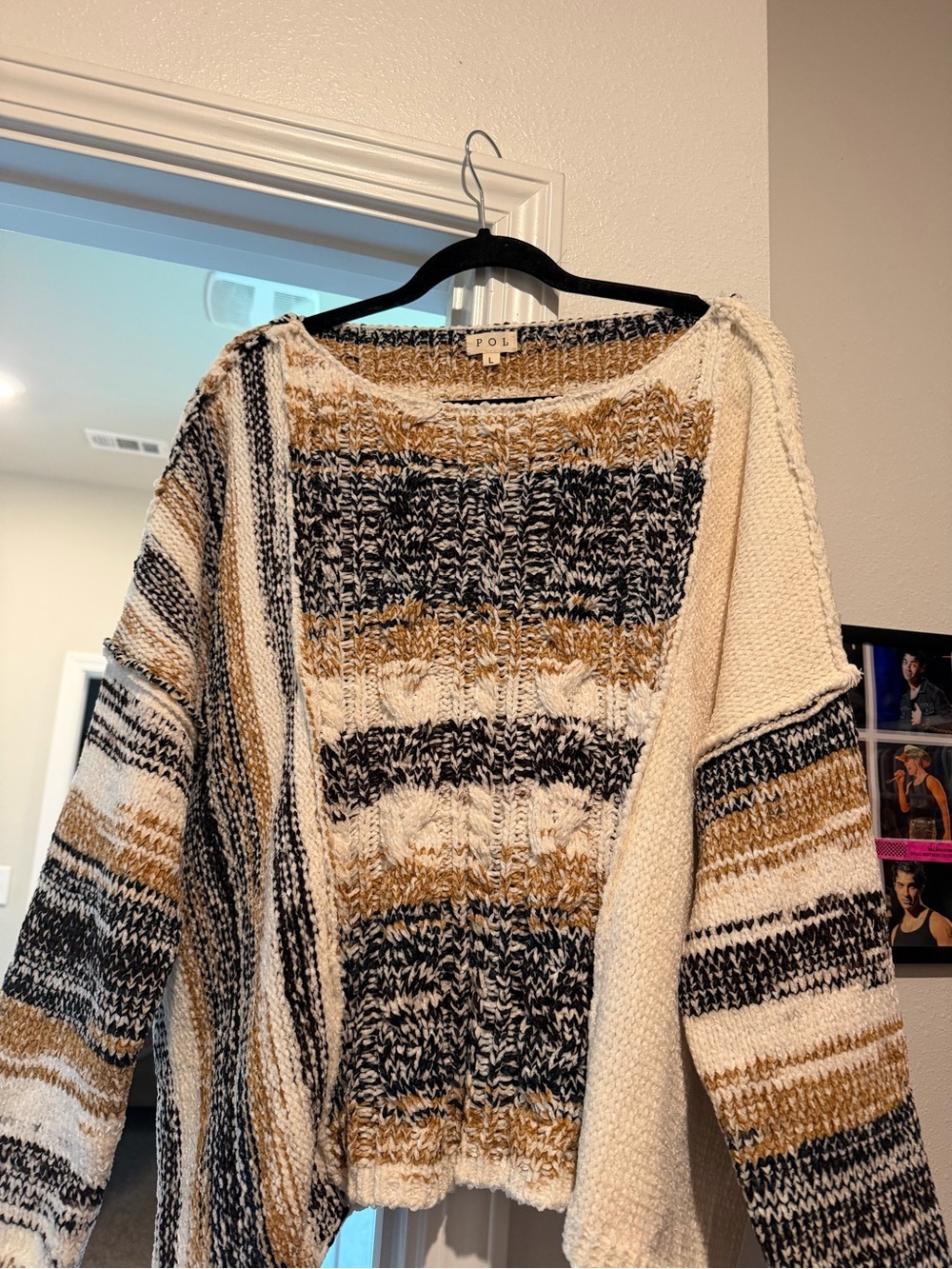 POL Striped Cable Knit Sweater in Cream, Black & Tan